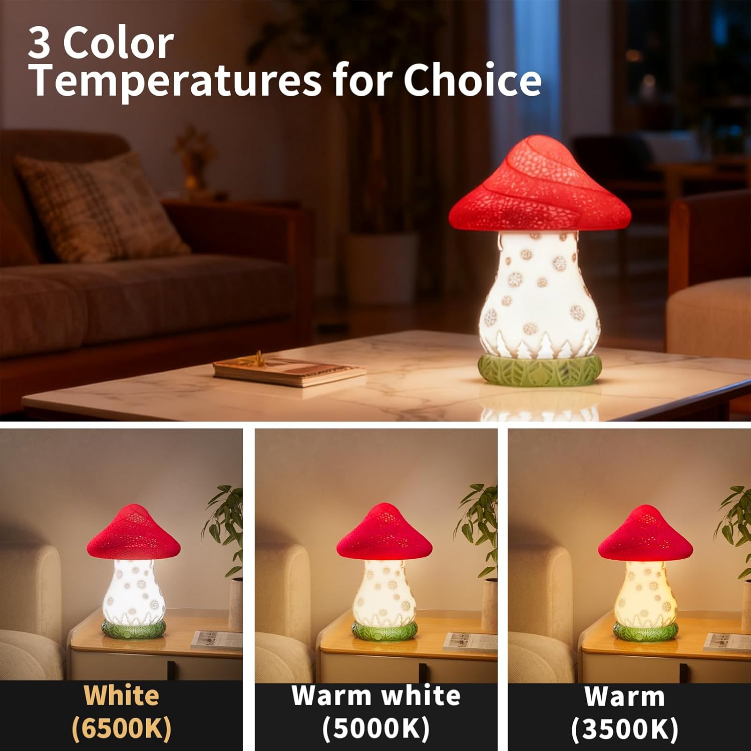 Mushroom Table Lamp for Christmas, Rotatable Lampshade Battery Operated Lamp with USB C Charging & Touch Control, 3 Color Temperatures Bedside Lamp for Bedroom, Living Room, Night Stand - Image 3