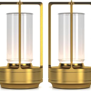 Portable Metal Table Lamp for Indoor/Outdoor ,Rechargeable Cordless LED Lamp, 3-Colour Infinitely Dimming Battery Powered Small Desk Lamp, Restaurant/Bedroom/Bar/Coffee/Camping Light (Gold Set of 2)