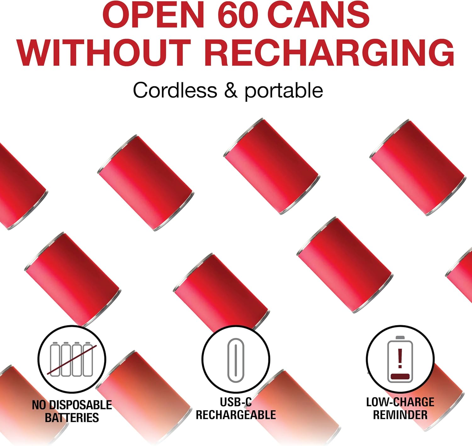 Proctor Silex Automatic Electric Can Opener, Hands Free Cordless Operation & USB Rechargeable, Self-Aligning, Cut Smooth Touch Lid Edges, Compact and Easy to Store, Red - Image 2