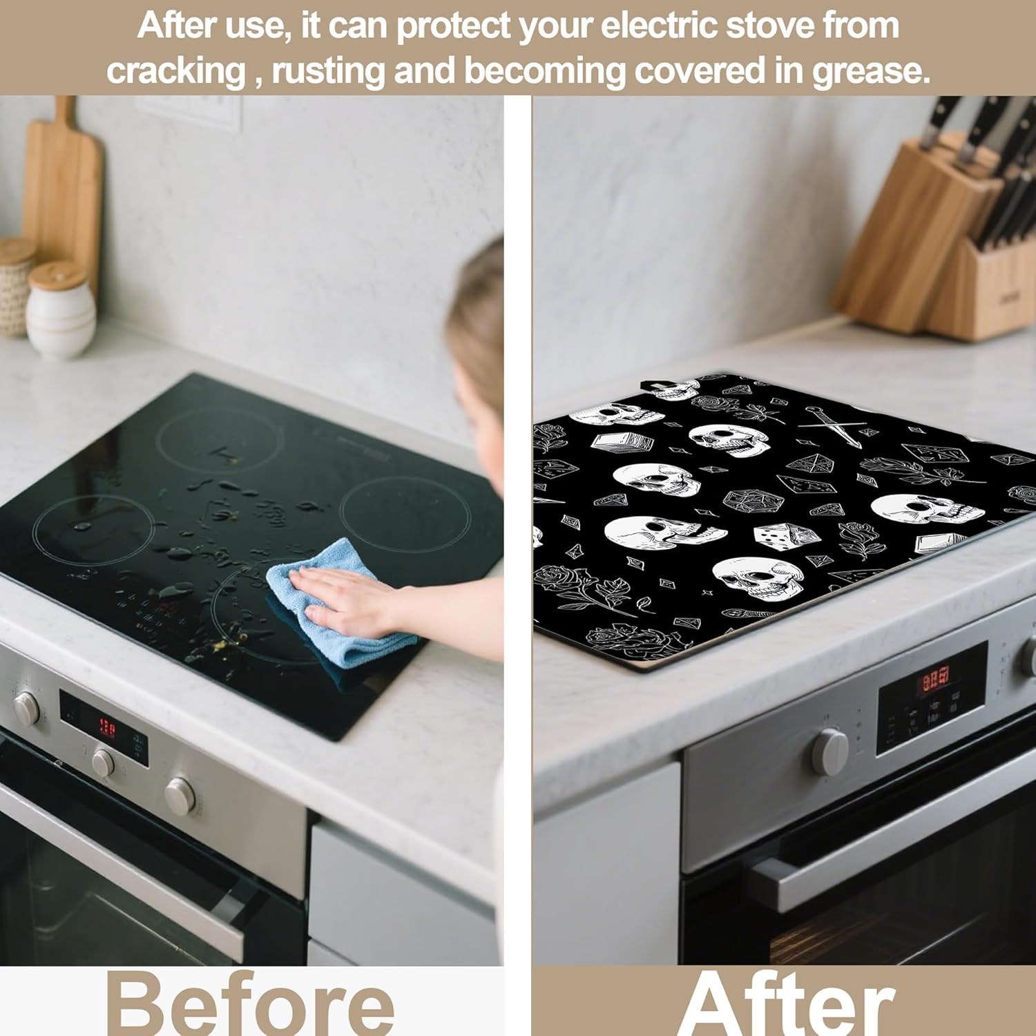 Electric Stove Top Cover Protector,Skull Head Rose Heat Resistant Glass Top Stove Oven Induction Cooktop Mat with Rubber for Kitchen Top Covers 28.5'' x 20.5'' - Image 7