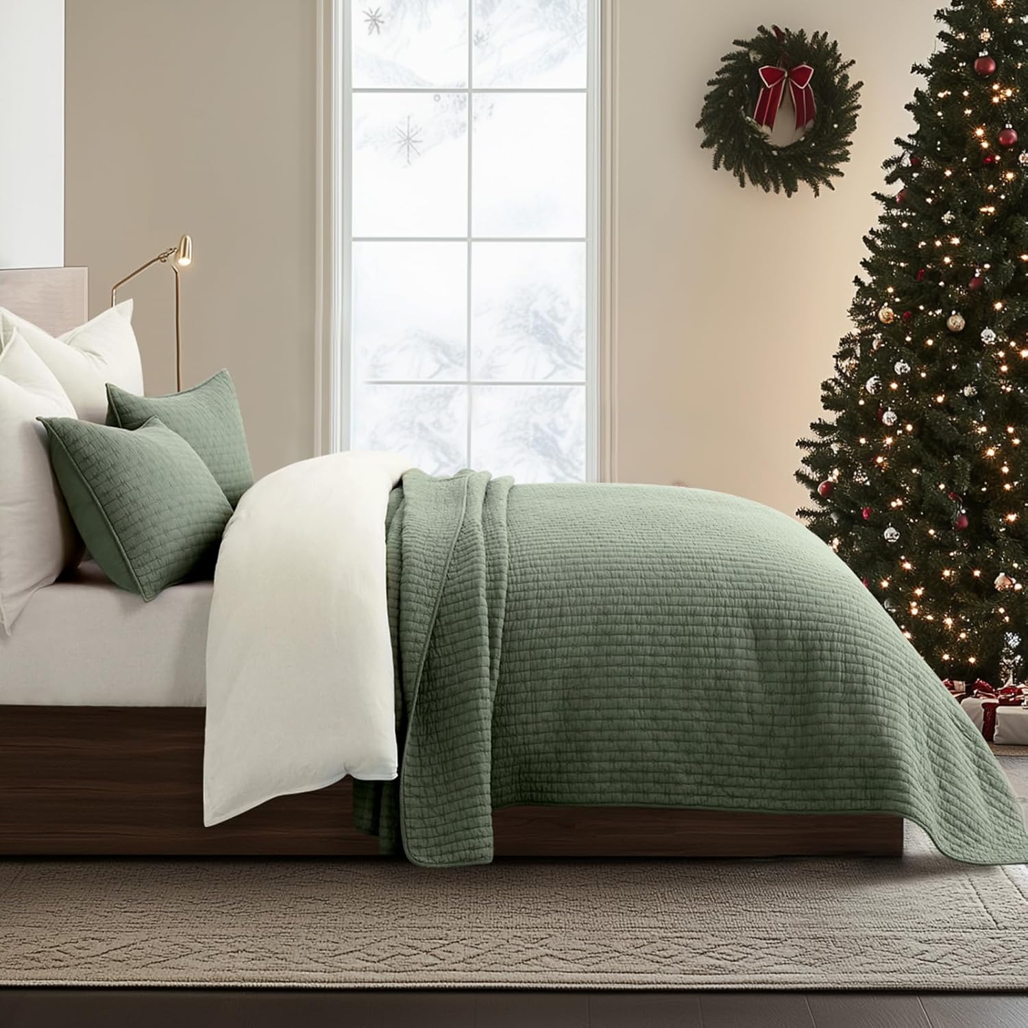 EVERGRACE Cross Stitch Pre-Washed Cotton Quilt Bedding Set King Size, Oversized 3 Pieces Lightweight Bedspread Coverlet for All Season, with 2 Matching Shams, Olive Green,108"x96" - Image 3