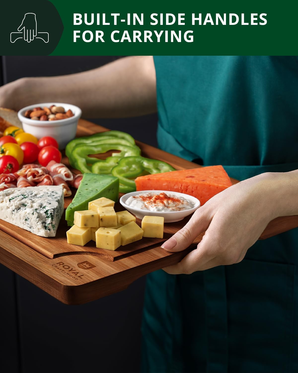 ROYAL CRAFT WOOD Wooden Cutting Boards for Kitchen Meal Prep & Serving - Bamboo Wood Serving Board Set with Deep Juice Groove Side Handles - Charcuterie & Chopping Butcher Block for Meat (3 Pcs) - Image 8