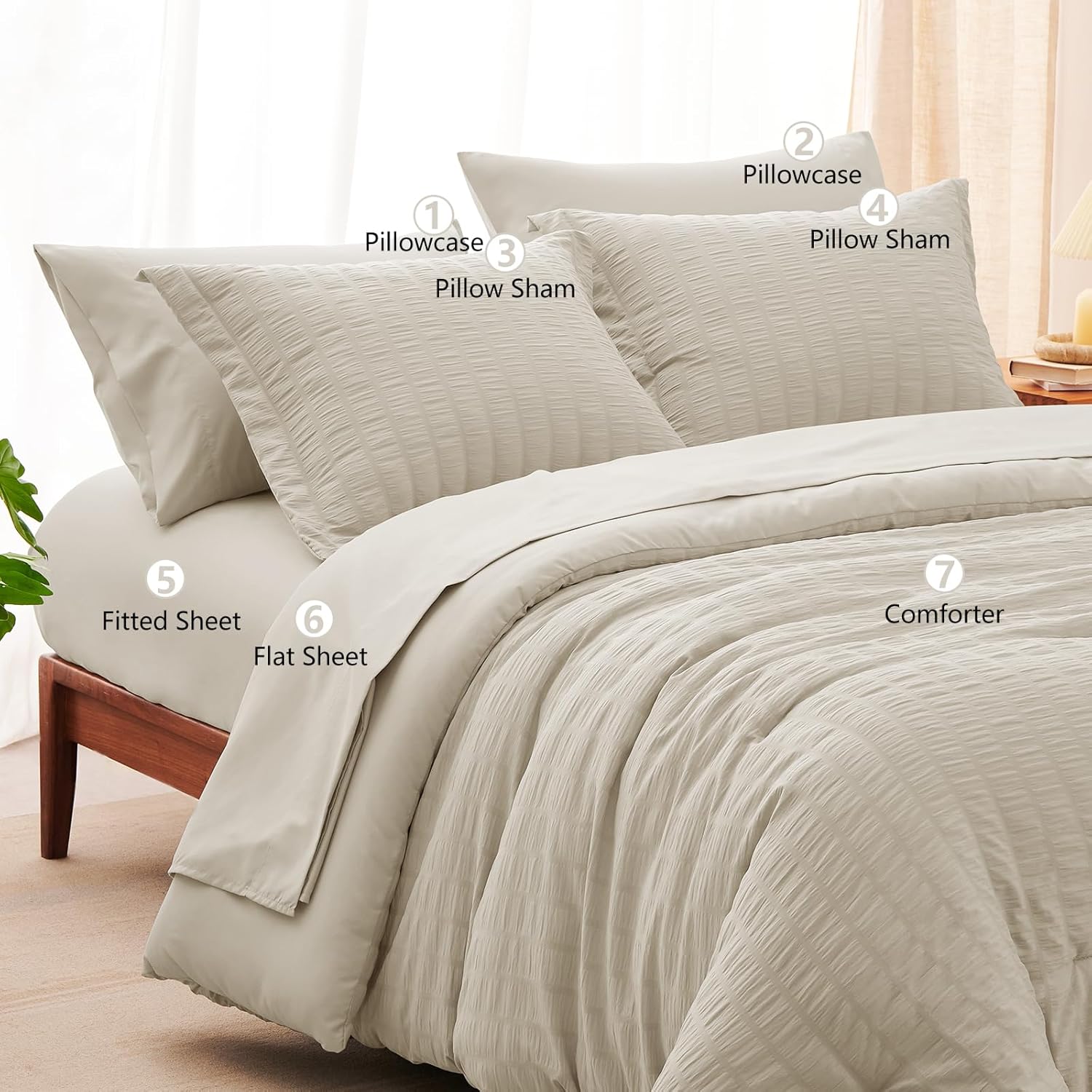 CozyLux Queen Comforter Set Oatmeal Seersucker 7 Pieces Bed in a Bag Queen Comforter Set with Sheets Luxury Soft Bedding Set with Down Alternative Comforter, Sheets, Pillowcases & Shams for All Season - Image 8