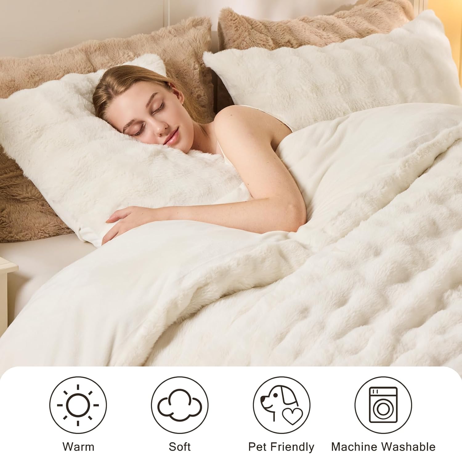 EMME Faux Fur Duvet Cover Queen Size, 3 Pieces Ultra Soft Fluffy Comforter Cover, Cozy Warm for Winter, Luxury Elegant Shaggy Bubble Design Bedding, 1 Duvet Cover & 2 Pillow Shams (Queen, Cream White) - Image 2