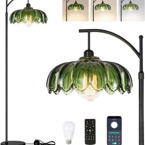 Gold Floor Lamp for Living Room,Bedroom,Standing Lamp with Remote Dimmable Brass Tall Lamp Vintage Retro Mid Century Modern Floor Lamps Arc Green Glass Flower Lamp Floor Light Boho Bohemian