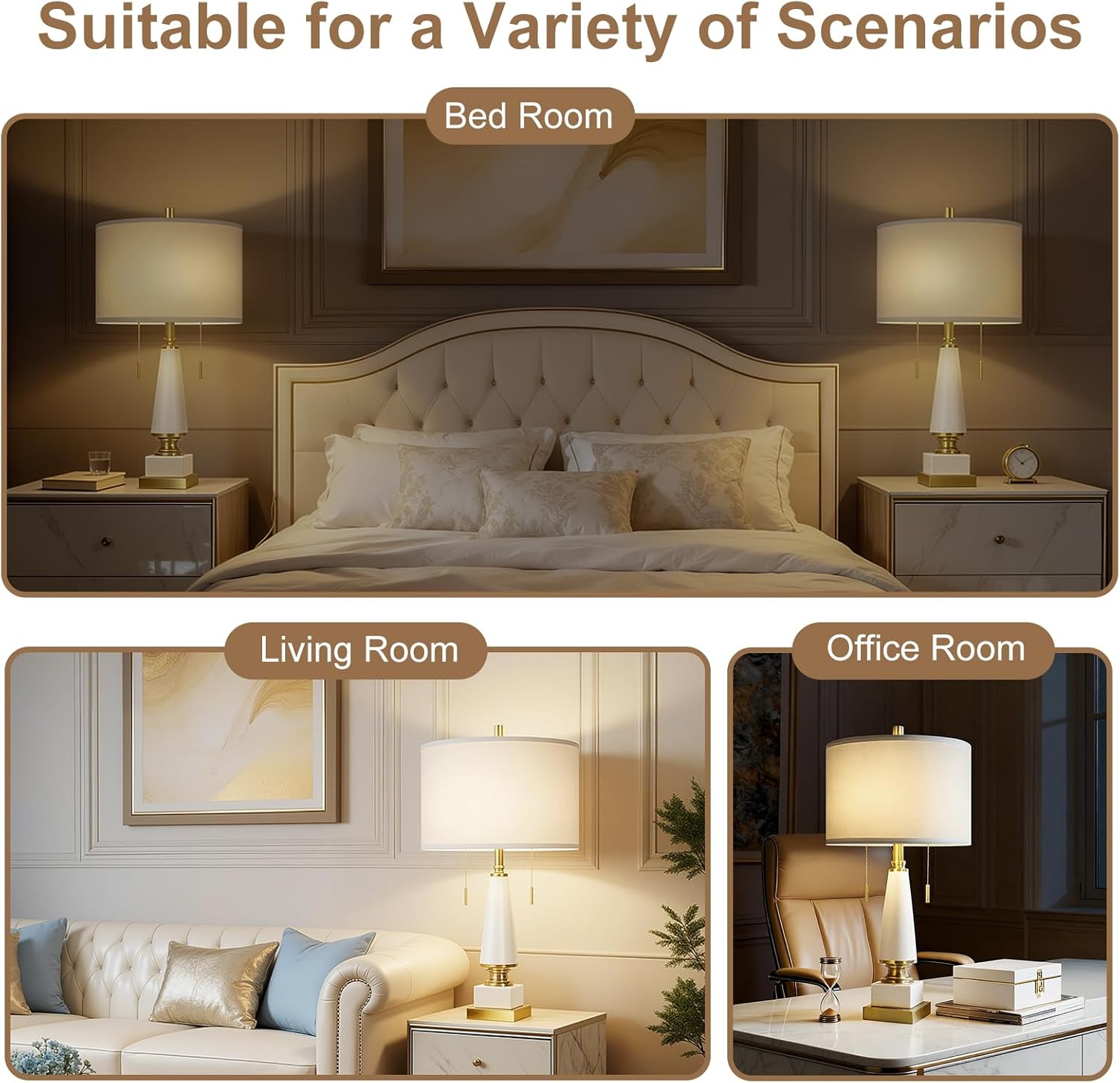 26" Bedside Table Lamps Set of 2, Ceramic Lamps for Living Room Nightstand with USB A+C Ports, Pull Chains Dual Switch, Modern Lamps with Linen Shade for Bedroom Office Home (Bulb Included) - Image 6