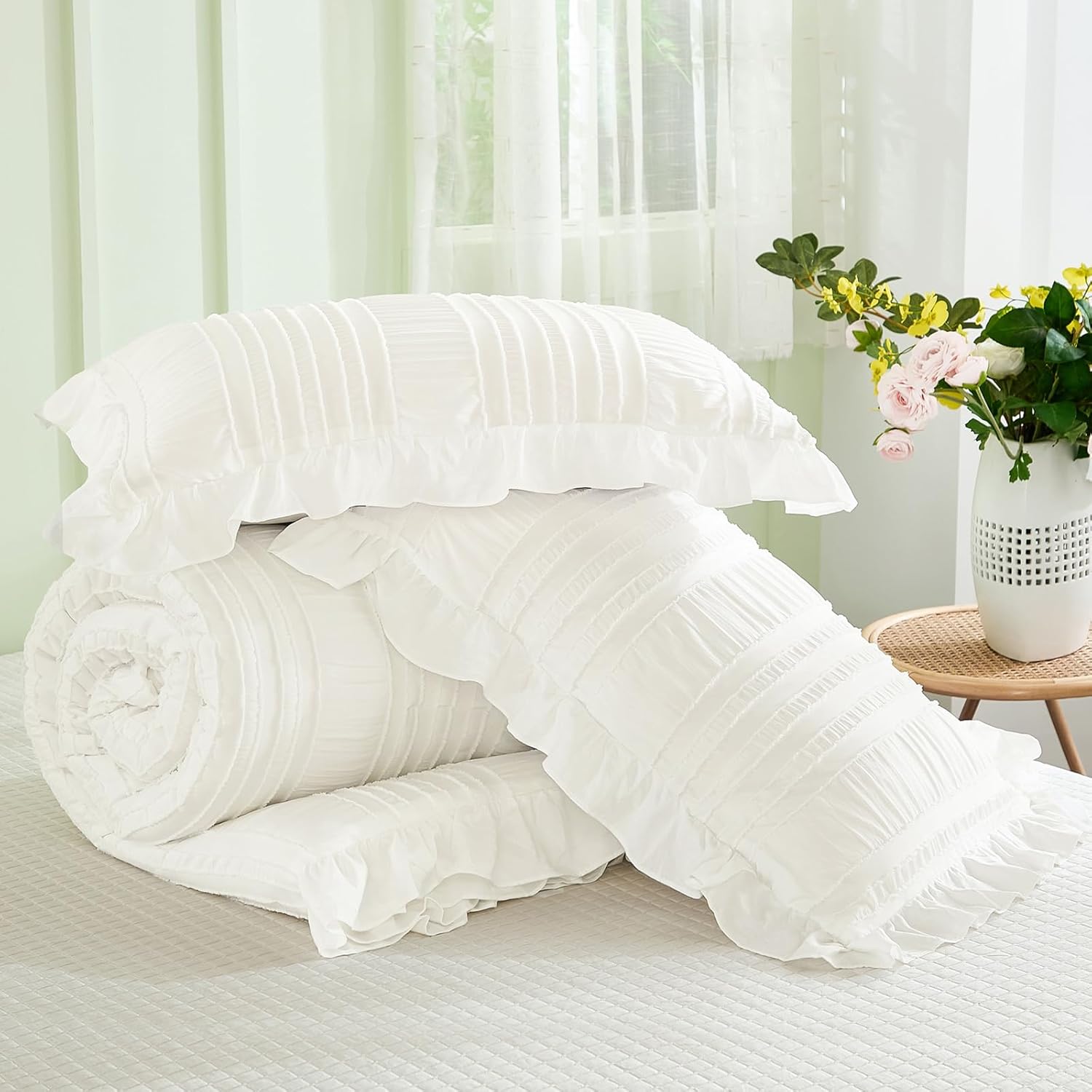 WONGS BEDDING White Queen Comforter Set,Boho Ruffle Comforter for Queen Bed,Soft Seersucker Shabby Chic Bedding Set with 1 Comforter,2 Tufted Pillowcases 90"×90" - Image 7