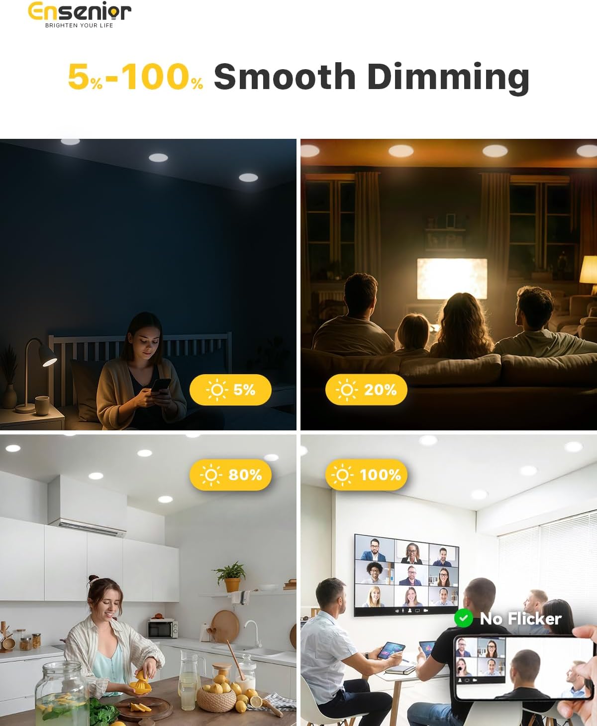 Ensenior 4 Pack 4 Inch LED Recessed Light, Dimmable, 2700K-5000K 5CCT, 750LM High Brightness, 9W 120V, Damp Rated, Ultra-Thin Canless Wafer Ceiling Light - ETL & FCC & IC - Image 4