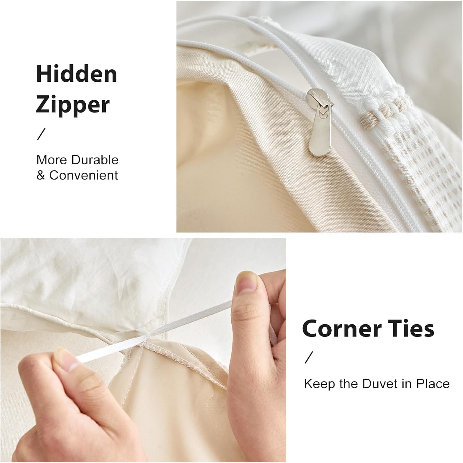 WARMDERN Khaki Striped Weave Duvet Cover Queen Size, White Knit Boho Duvet Cover Set, Microfiber Textured Bedding Set with Zipper Closure and Corner Ties (Khaki, Queen) - Image 5
