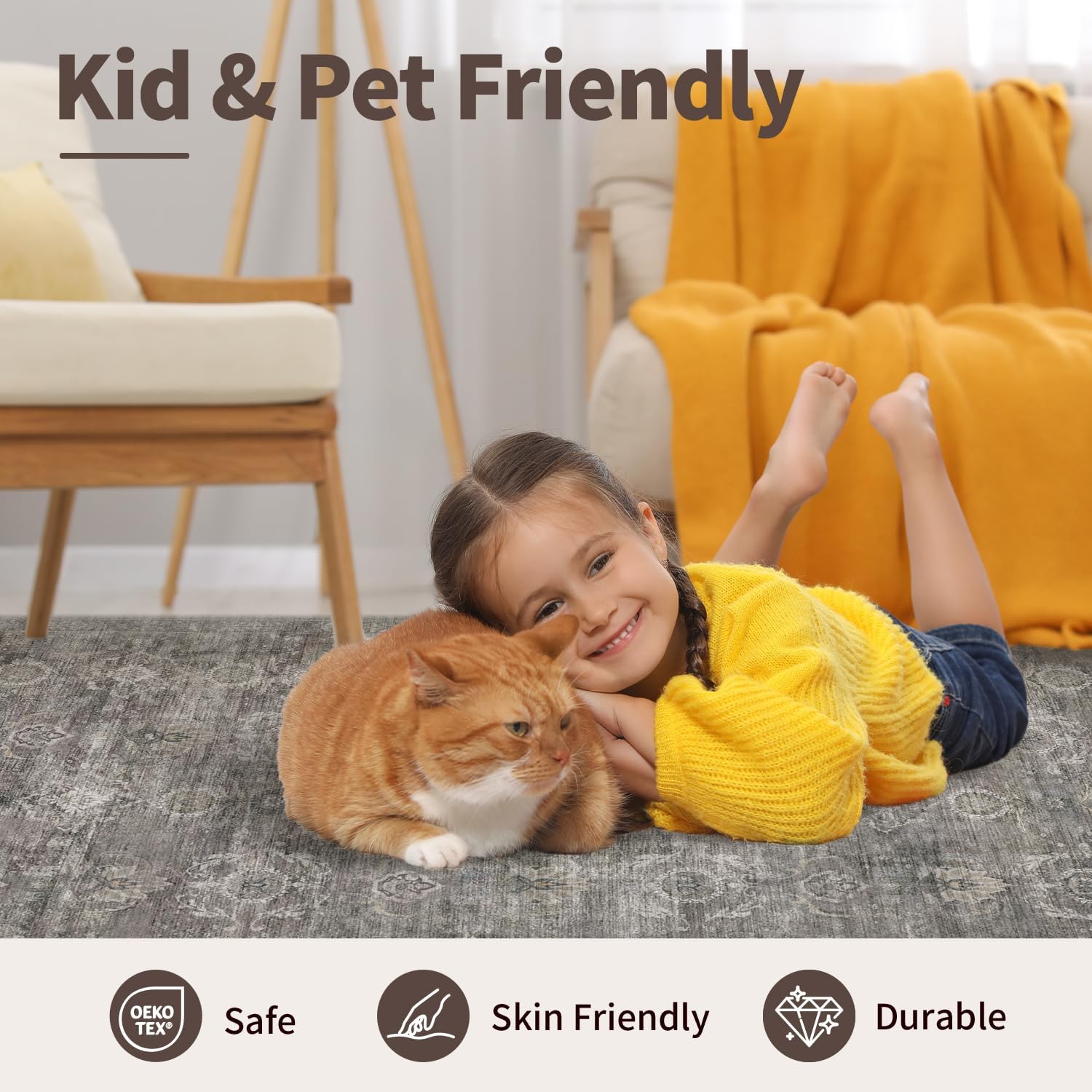 Area Rugs 5x7 for Living Room Bedroom, Grey Washable Rug, Vintage Retro Boho Rug, Non Slip & Low Pile Faux Wool Thin Carpet for Indoor Dining Room, Dorm and Kids Room(Taupe/Grey 5x7ft) - Image 7