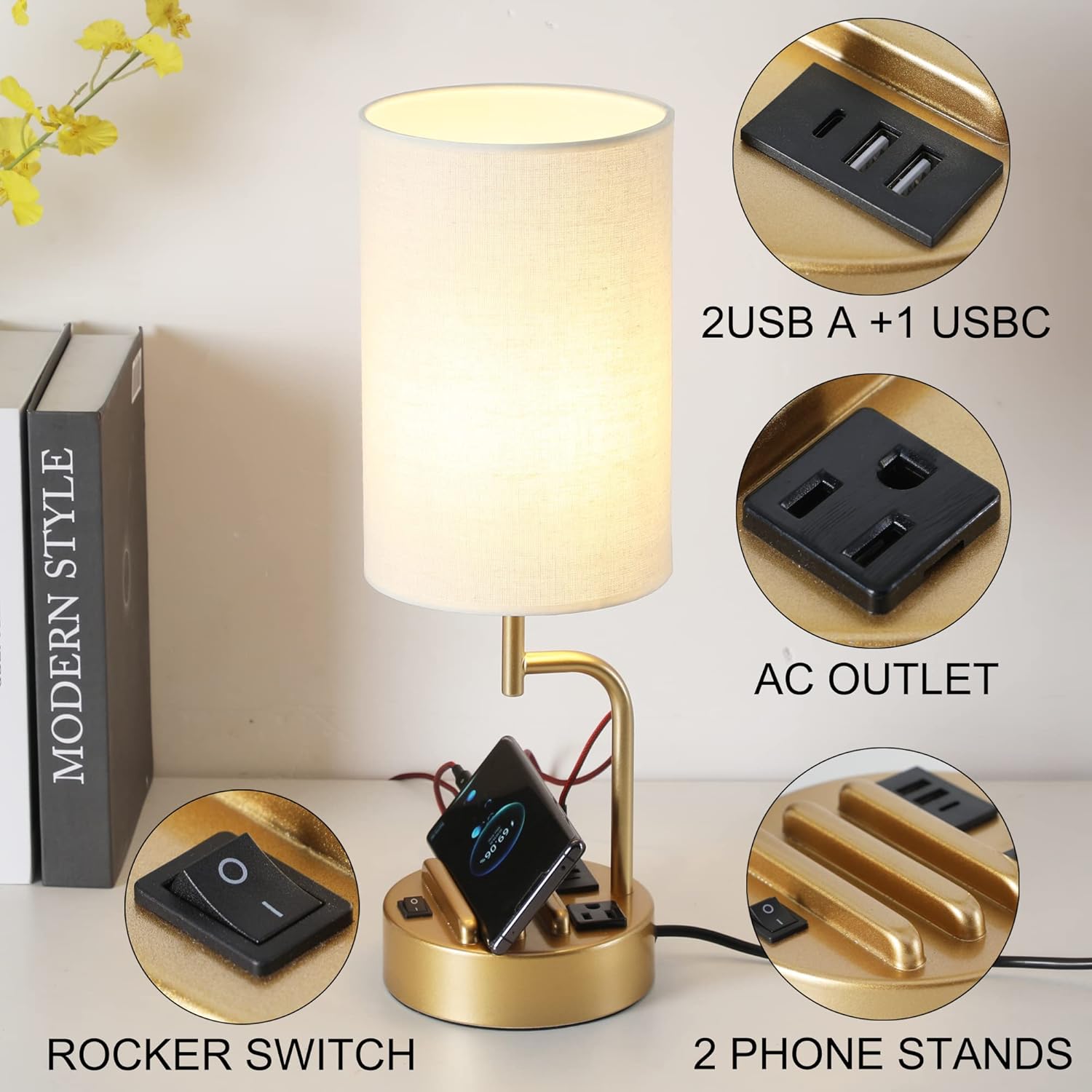 Dreamholder Table Lamp with 3 USB Charging Ports, Modern Desk Lamp with AC Outlet and Phone Stands, Perfect Bedside Lamp for Bedroom, Living Room, Office (Pack of 2), Gold - Image 2