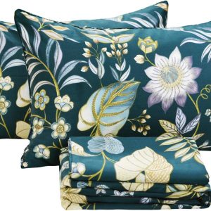 FADFAY Sheets Set Queen Teal Elegant Floral Sheets Tropical Plam Leave Sunflower Bedding 800 Thread Count Luxury Summer Bedding 100% Egyptian Cotton Deep Pocket Bed Sheets Set, 4 Pieces-Queen Size