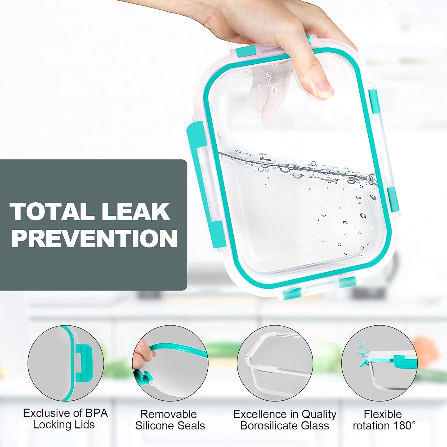 VERONES 10Pack Glass Meal Prep Containers, Airtight Glass Lunch Containers,Stackable Glass Food Storage Containers Set with Lids,Exclusive of BPA, for Microwave,Oven, Freezer&Dishwasher Friendly,Green - Image 3