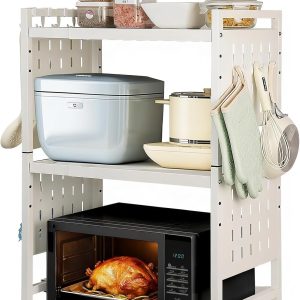 Expandable Microwave Stand Countertop, 3 Tier Heavy Duty Over Microwave Shelf Countertop with 4 Hooks, Height Adjustable Metal Microwave Oven Rack Shelf for Kitchen Tabletop,Holds 160lb,White
