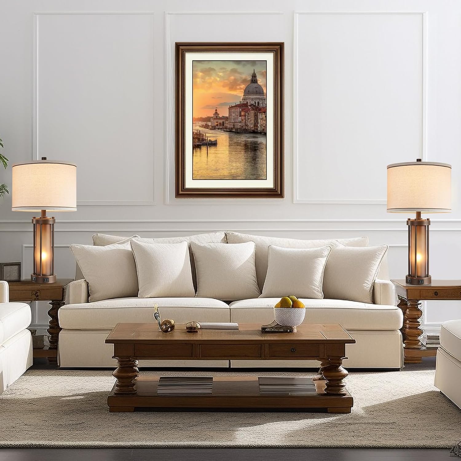 Set of 2 Farmhouse Table Lamps for Living Room with 2 USB Charging Ports, Vintage Rustic Nightstand Lamps with Amber Glass Nightlight, Retro Desk Lamps for Bedroom Entryway, 4 Bulbs Included (Brown) - Image 2