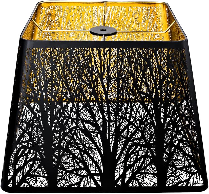 Medium Square Lamp Shades, ALUCSET Metal Lampshade with Pattern of Trees for Table Lamp and Floor Light, 9 x 12 x 8.8 Inch, Spider (Black/Gold)