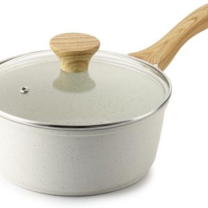 SENSARTE White Ceramic Nonstick Saucepan with Lid 1.5 Quarts, Small Cooking Pot with Stay Cool Handle, Induction Compatible Saucepot, White Granite Coating, Free of Intentionally Added PTFE/PFOA/PFAS