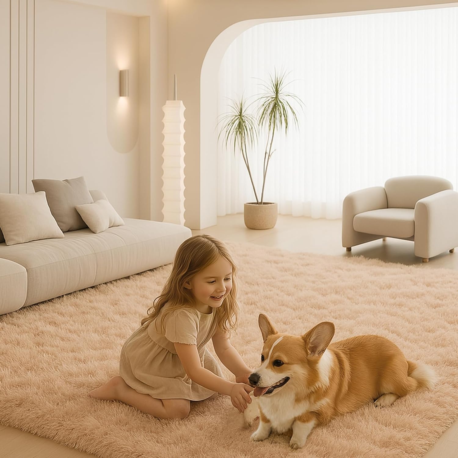 8x10 Area Rugs Living Room, Beige Large Plush Fluffy Bedroom Carpet, Non-Slip Upgraded Indoor Thick Soft Rug, Modern Plush Carpet Suitable for Kids Home Decor Aesthetics Dorm. - Image 5