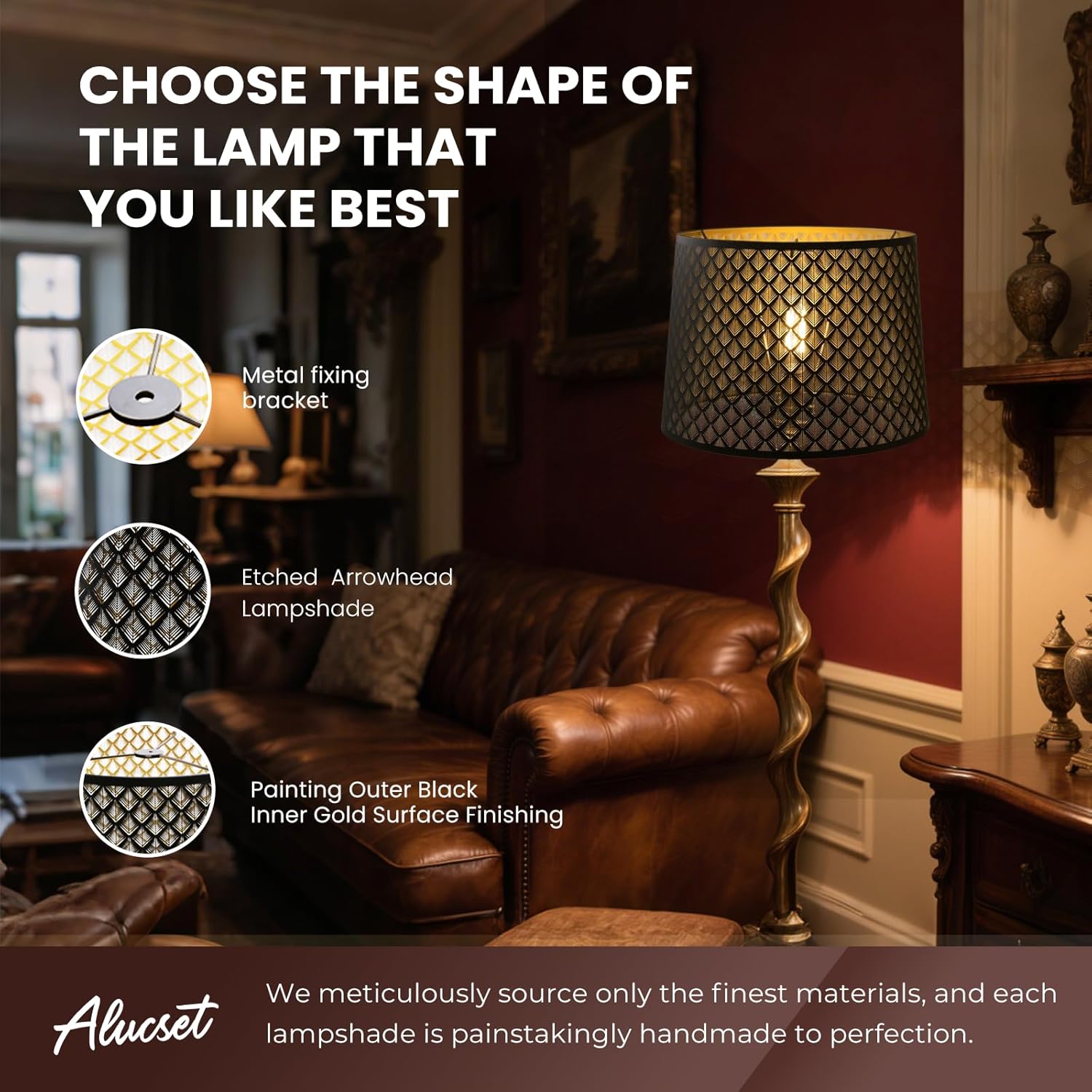 ALUCSET Drum Lampshade 14" Top x 16" Bottom x 11" High (Spider) Large Lamp Shade Replacement for Table Lamps and Floor Lamp Modern Lamp Shades, Black and Gold Lampshades with Etched Arrow Pattern - Image 2