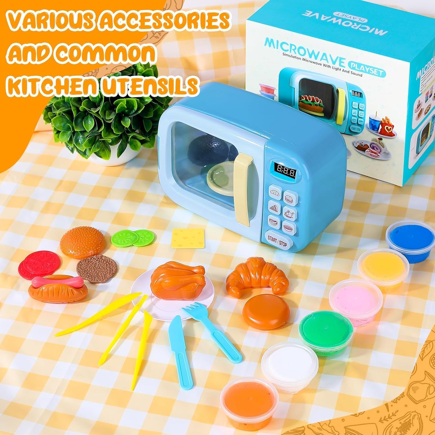 Microwave Toys Kitchen Play Set with Light Sound,Kids Pretend Play Electronic Oven with Play Food and 6 Color DIY Play-Dough for Children Ages 3+ Years (Blue) - Image 7