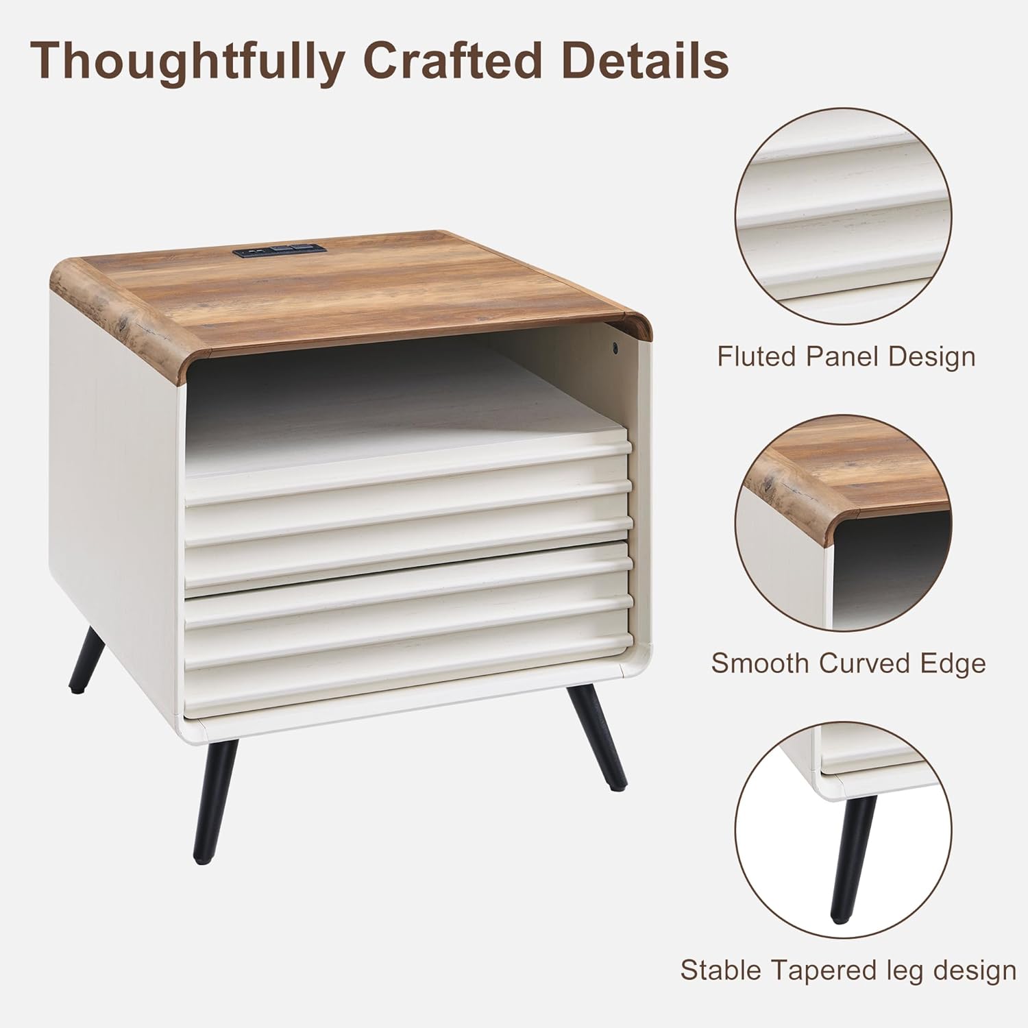 RedLemon 24" Nightstand with Charger Station, Mid Century Modern Fluted End Table with 2 Drawers, Wooden Side Table with Open Cubby Storage for Living Room, Bedroom, Office (Antuique White) - Image 5