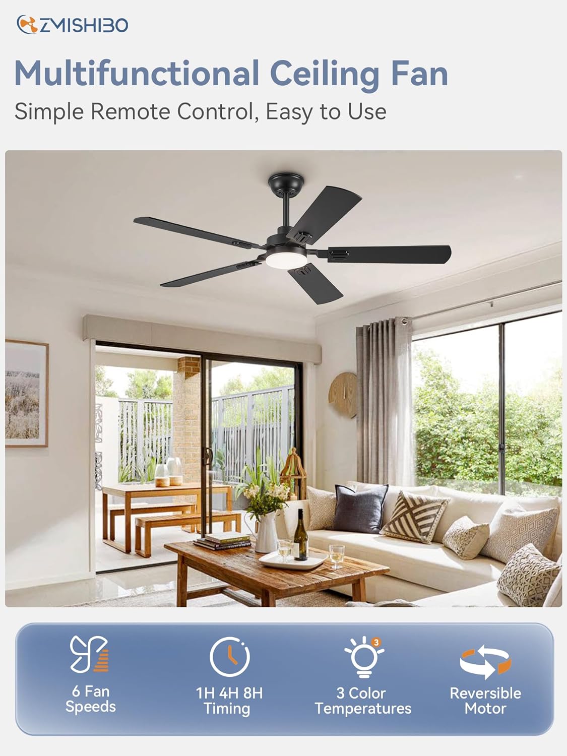 ZMISHIBO 52" Ceiling Fans with Lights, Black Modern Ceiling Fan with Remote, Farmhouse Indoor Ceiling Fan with Dual Finish Blades, Quiet & Strong Motor, Bright LED Light. - Image 2