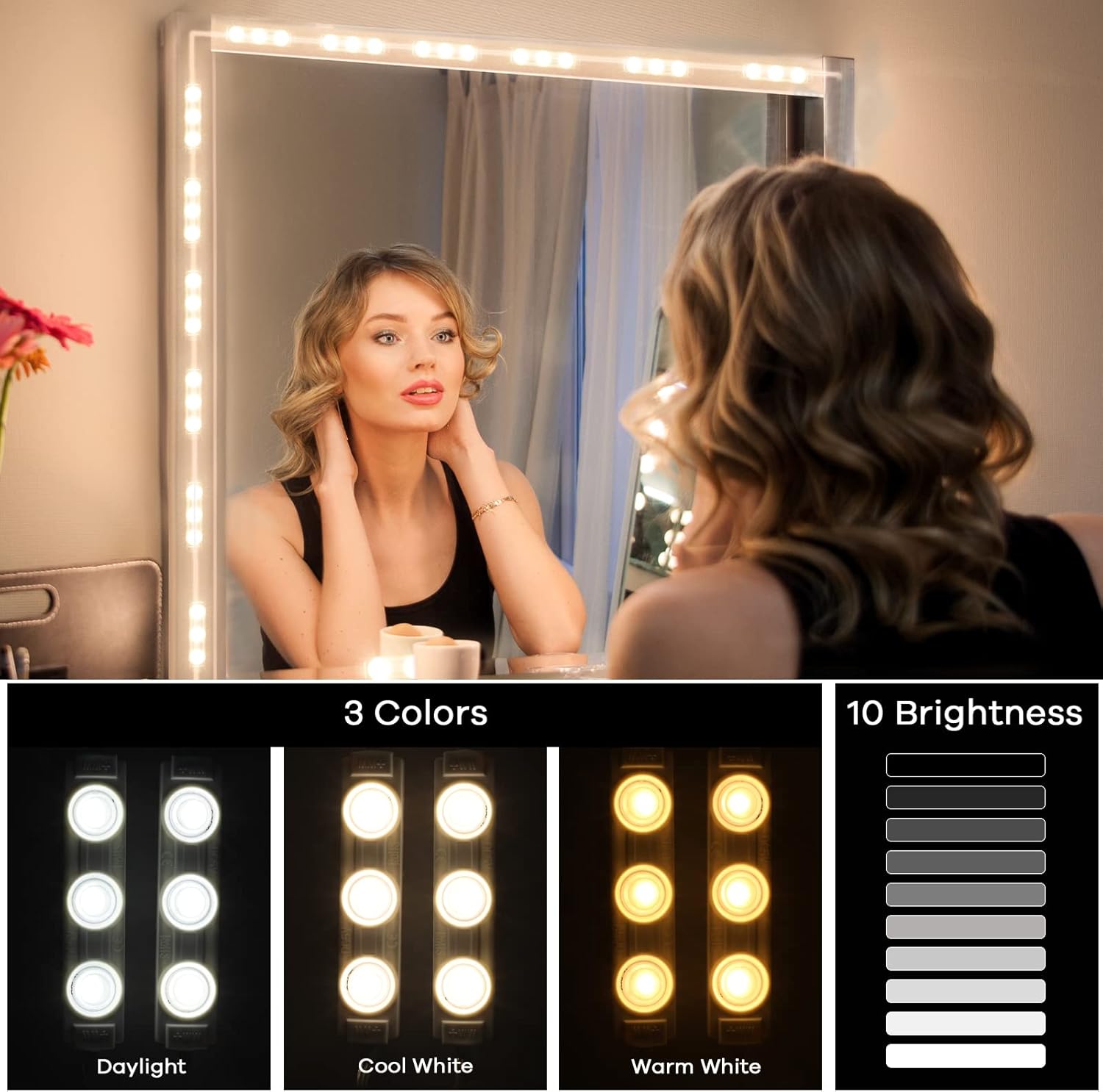 Consciot LED Vanity Lights for Mirror, Hollywood Style Strip, Adjustable Color & Brightness, USB Cable, Dimmable Makeup Stick on Table Dressing Room, White - Image 2