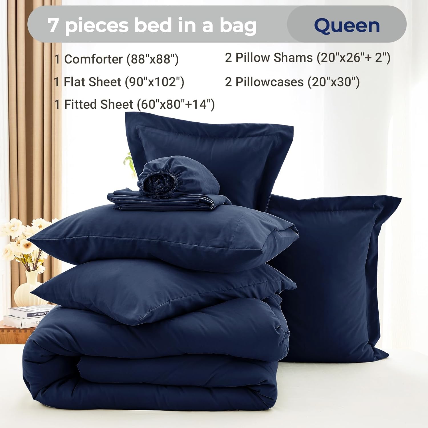 MUXHOMO 7 Pieces Queen Comforter Set, Soft Bed in a Bag Queen Size, All Season Bedding Set with Comforter, Flat Sheet, Fitted Sheet, Pillowcases & Shams, Navy Blue - Image 4