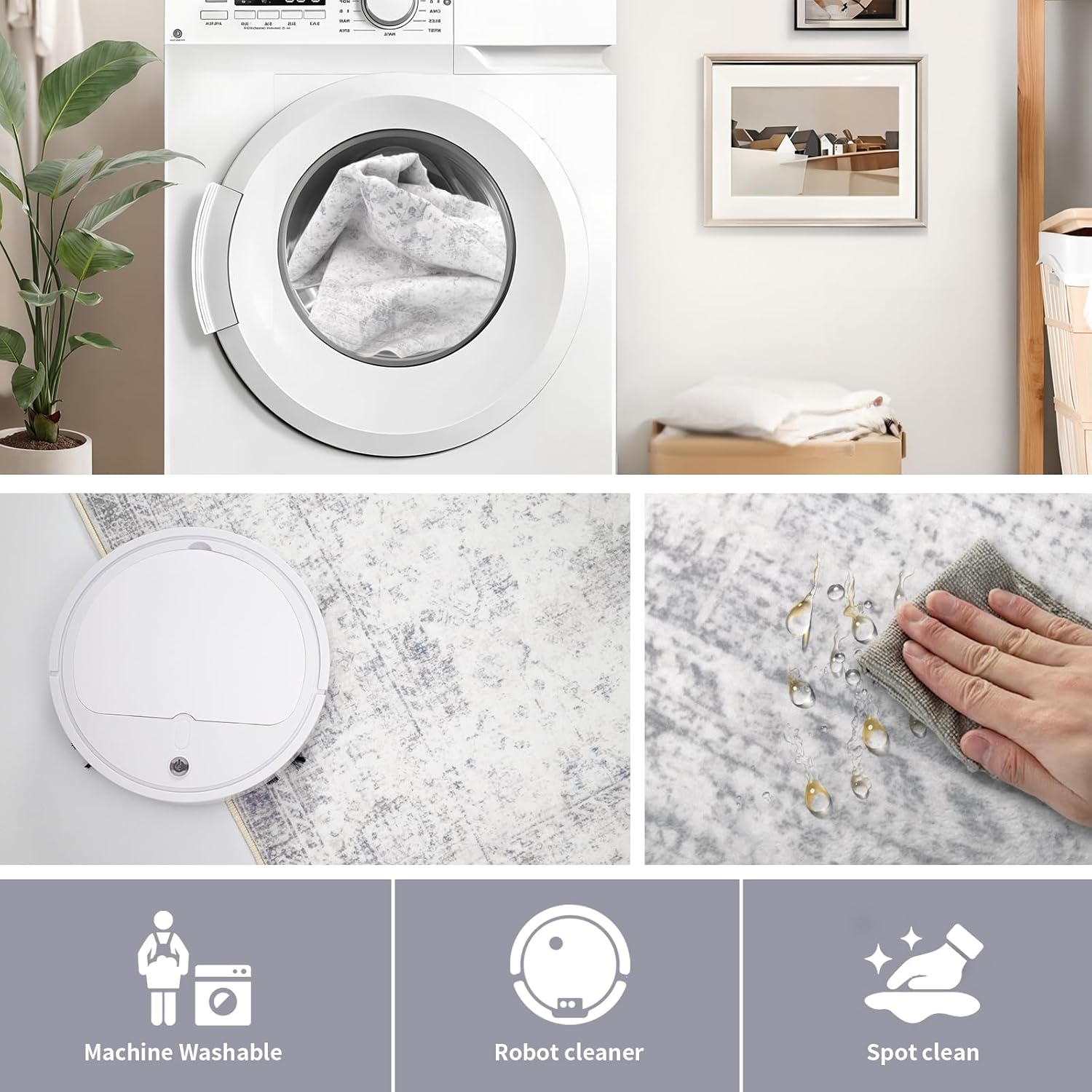 Washable 8×10 Area Rug for Living Room, Vintage Floral Rug Soft Non Slip Stain Resistant Boho Carpet for Bedroom Dinning Room Kitchen Home Office Grey - Image 5