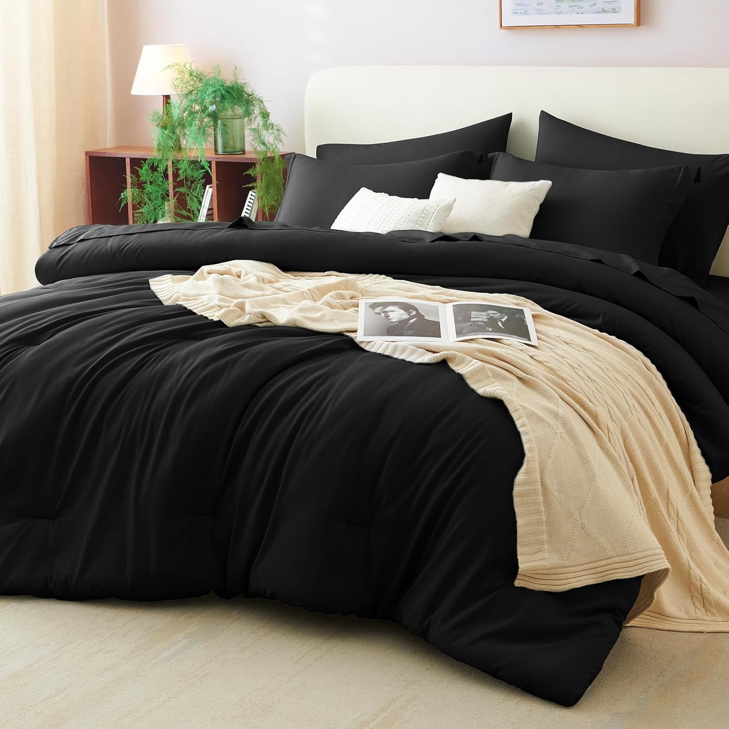 CozyLux Queen Comforter Set Black, 7 Pieces Bed in a Bag Soft Bedding Comforter Set with Sheets, All Season Boho 7PC Bed Sets with Comforter, Fitted Sheets, Flat Sheets, Pillow Shams and Pillowcases