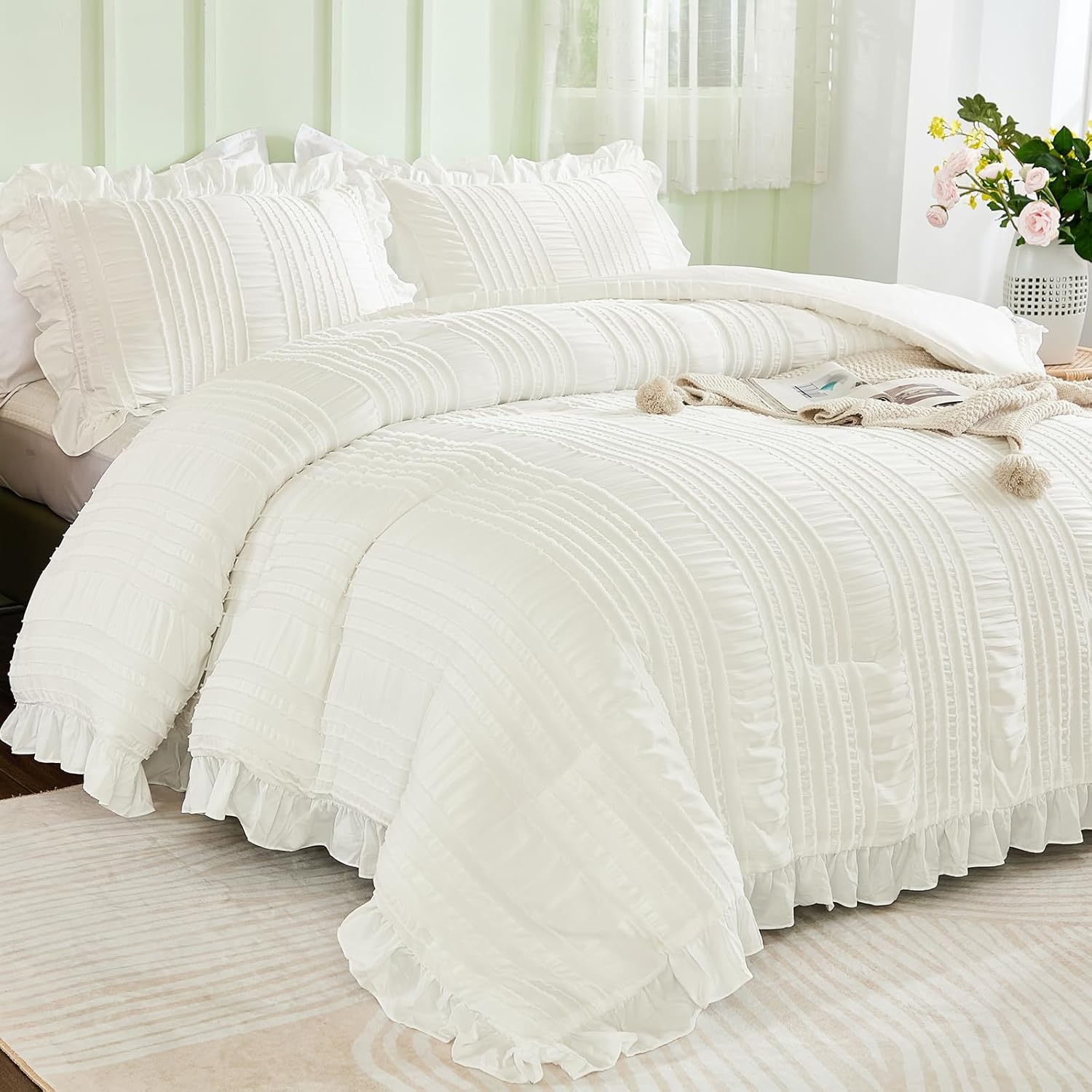 WONGS BEDDING White Queen Comforter Set,Boho Ruffle Comforter for Queen Bed,Soft Seersucker Shabby Chic Bedding Set with 1 Comforter,2 Tufted Pillowcases 90"×90" - Image 2