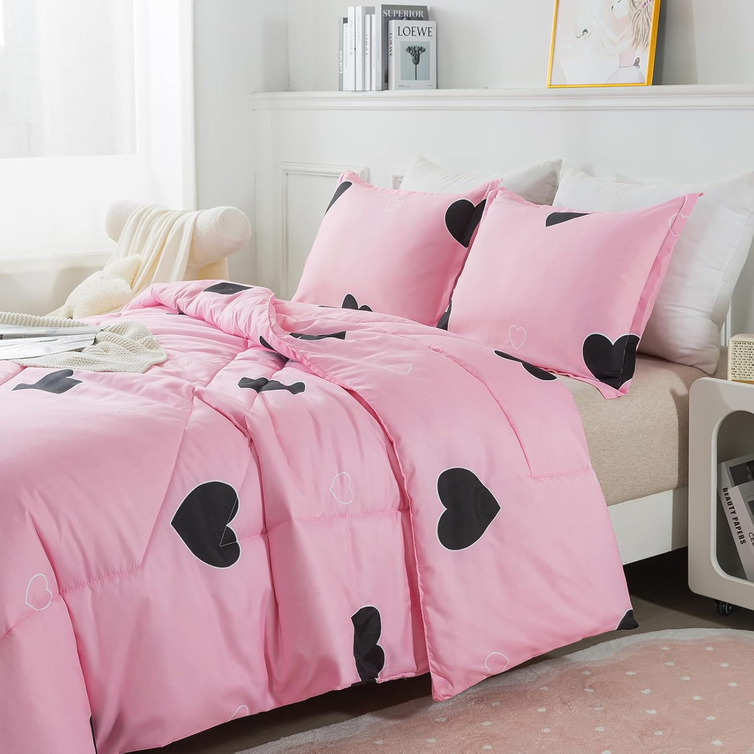 Caressma Love Pattern Girls Pink Comforter Set Full Size, Blush Pink Cute Love Heart Sexy Comforter Bedding Set for All Seasons, Geometric Microfiber 3 Pieces Comforter Set with Pillowcases - Image 6