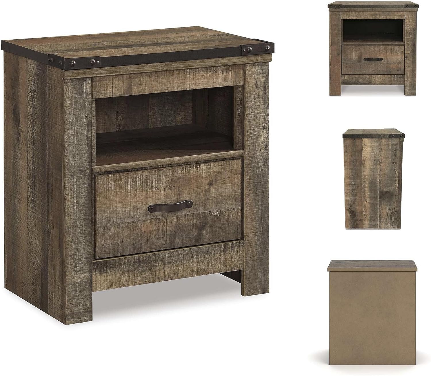 Signature Design by Ashley Trinell Rustic 1 Drawer Nightstand, USB Charing, Storage Cubby, Nailhead Accents, Wood, 24.72" W x 16.18" D x 26.22" H, Warm Brown - Image 6