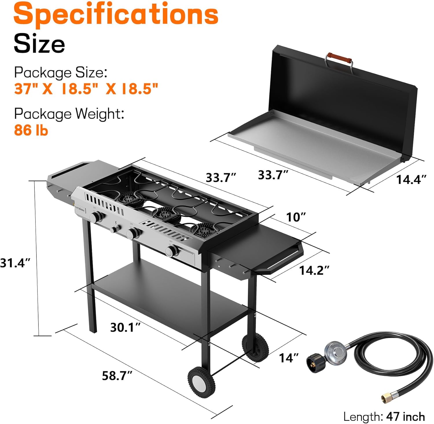 Veralune 3 Burner Propane Stove & Griddle with Ignition & Regulator, 225,000 BTU Powerful Portable Gas Griddle with Storage Shelf, Portable Wheels for Backyard Cooking BBQ Frying and Boiling - Image 2