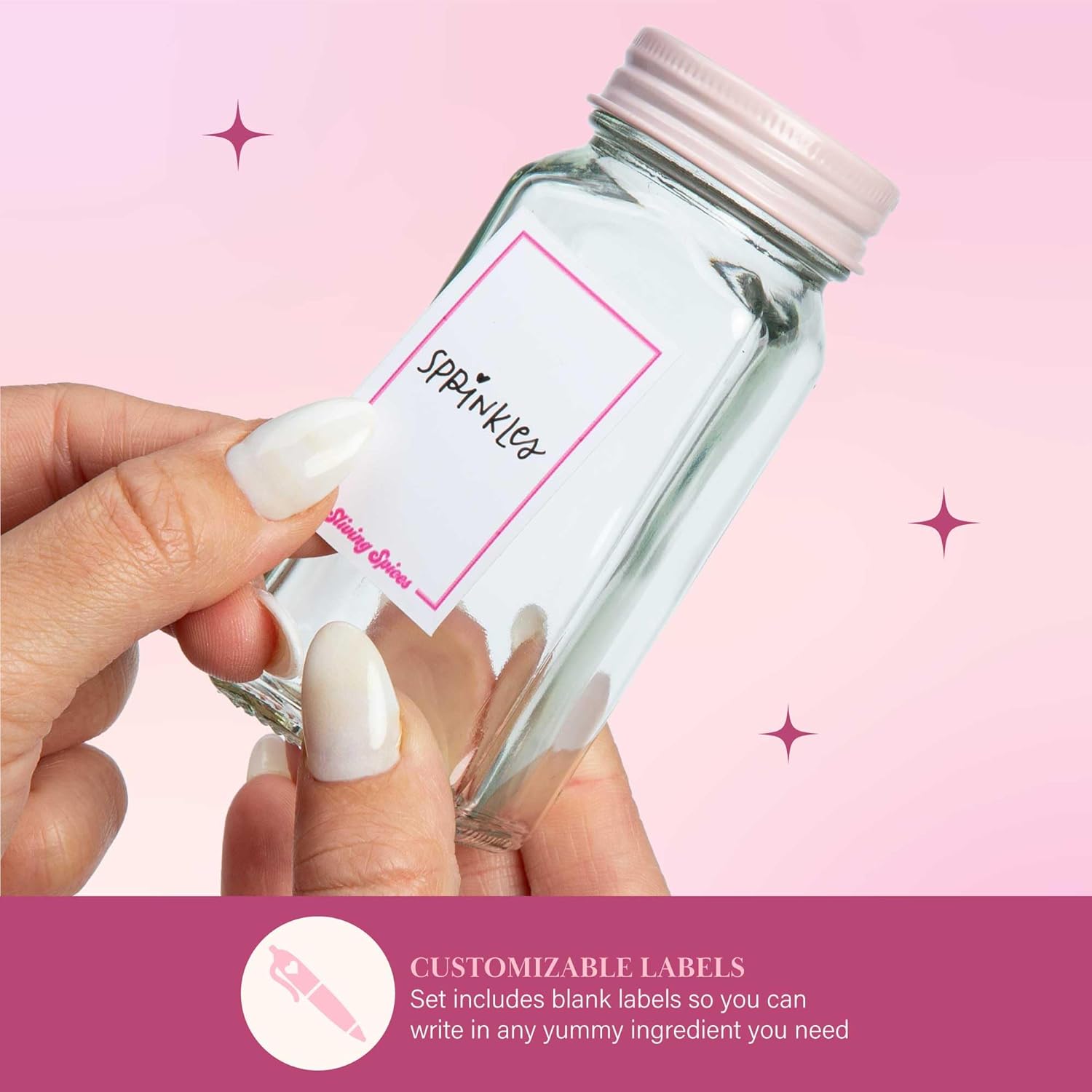 Paris Hilton Glass Spice Jar Storage Set, 4-Ounce Empty Spice Jars with Labels, Shaker Caps and Metal Lids, Collapsible Funnel Included, 20-Piece, Pink - Image 5