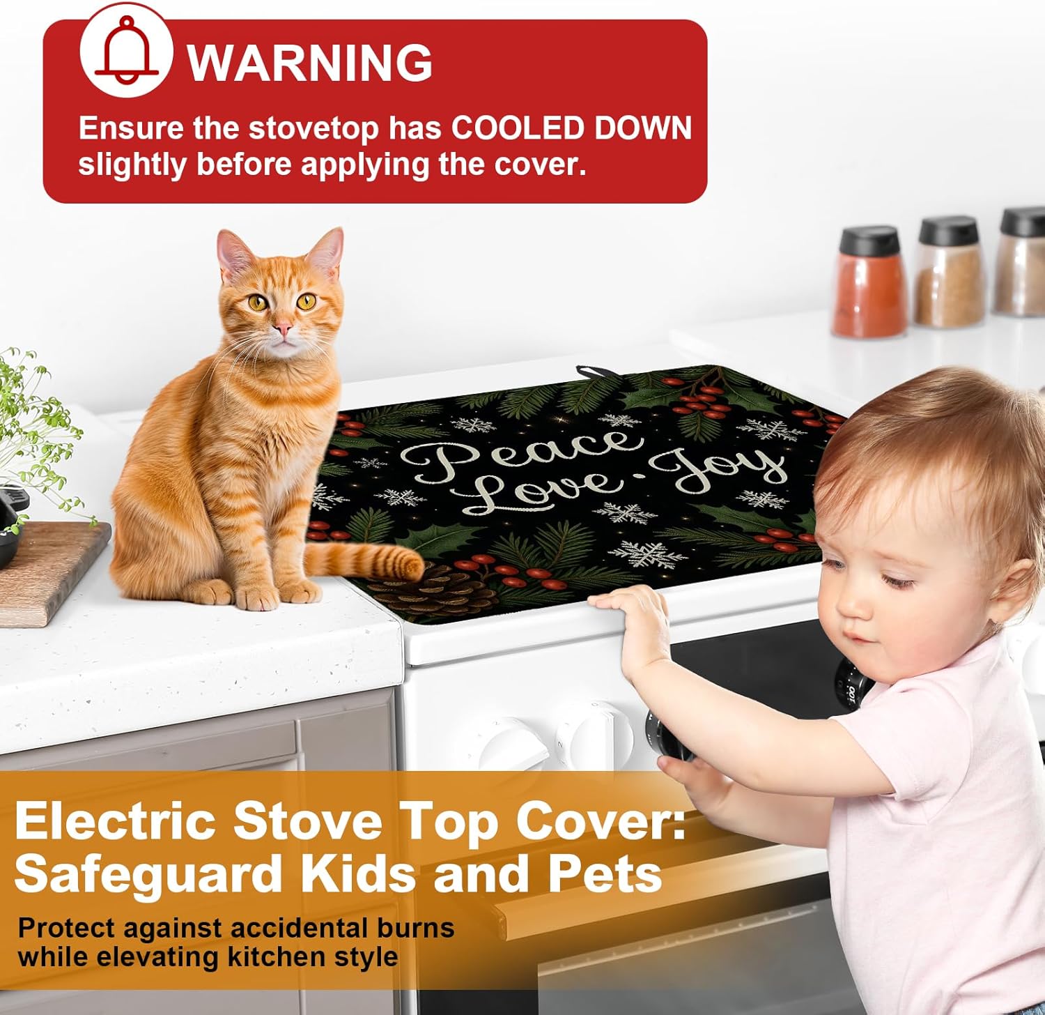 Winter Stove Cover for Electric Stove (28.5"x20.5") , Stove Top Cover with Snowflakes Pinecones and Holly Leaves, Farmhouse Holiday Kitchen Decor, Heat Resistant Stove Protector - Image 5