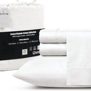 100% Organic Cotton Sheets King Size Sheets Set with Fully Elasticated Fitted Sheet & Pillowcase Sets, 300 TC Hotel Collection Deep Pocket King Sheet Set, No Pill Soft Breathable Luxury White Bedding