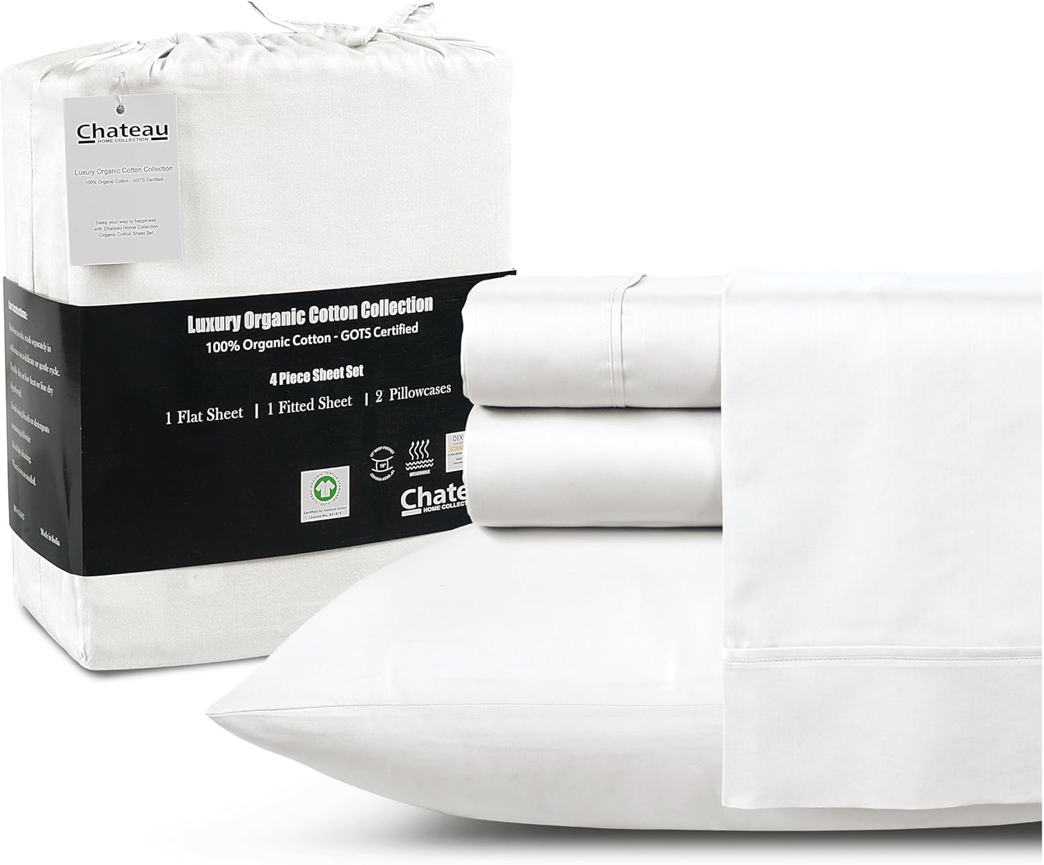100% Organic Cotton Sheets King Size Sheets Set with Fully Elasticated Fitted Sheet & Pillowcase Sets, 300 TC Hotel Collection Deep Pocket King Sheet Set, No Pill Soft Breathable Luxury White Bedding