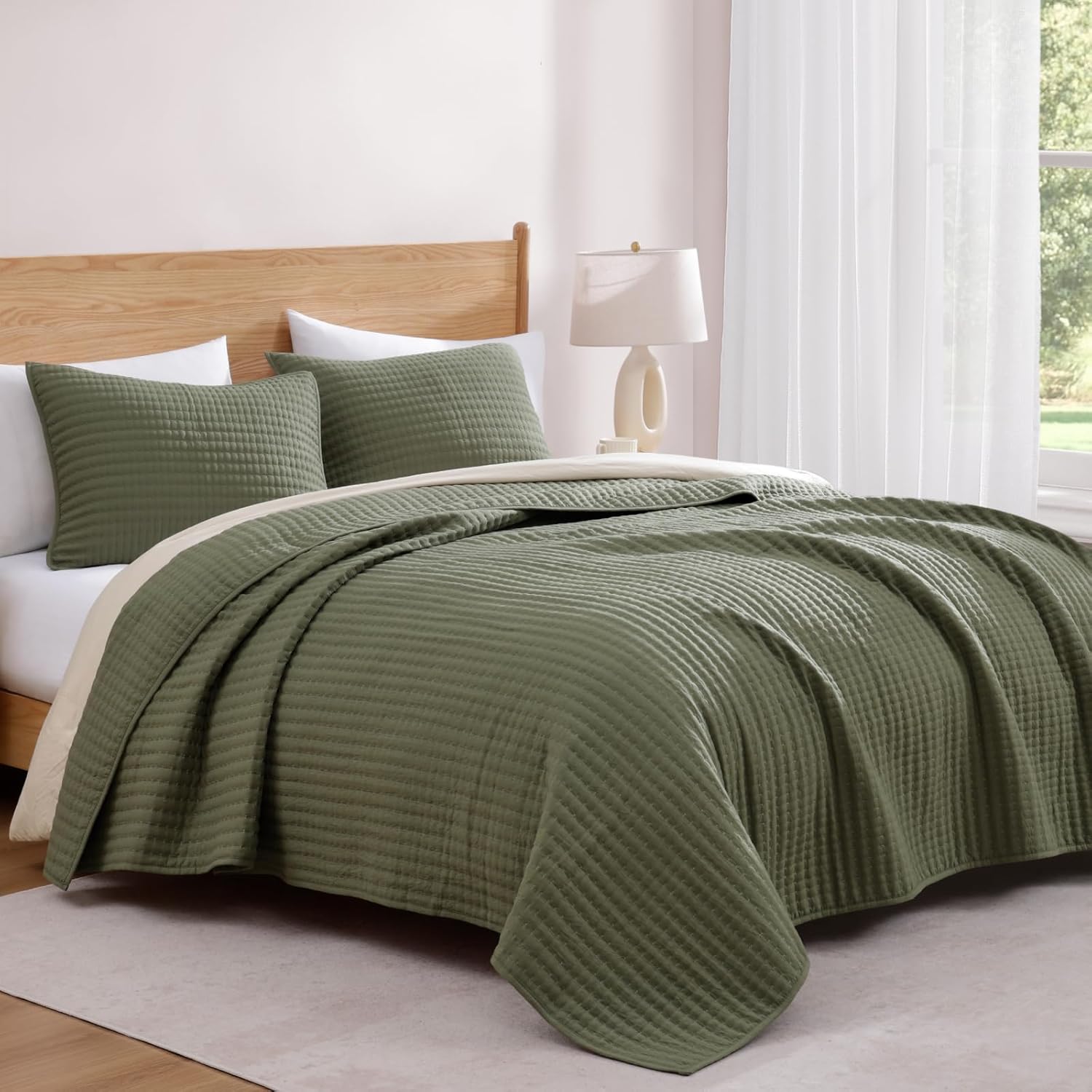 WRENSONGE Queen Quilt-3 Pieces Lightweight Bedspreads Olive Green Queen Size Quilt Bedding Set for All Seasons, Soft Summer Coverlet with 2 Pillow Shams Suitable for Bed & Couch - Image 2