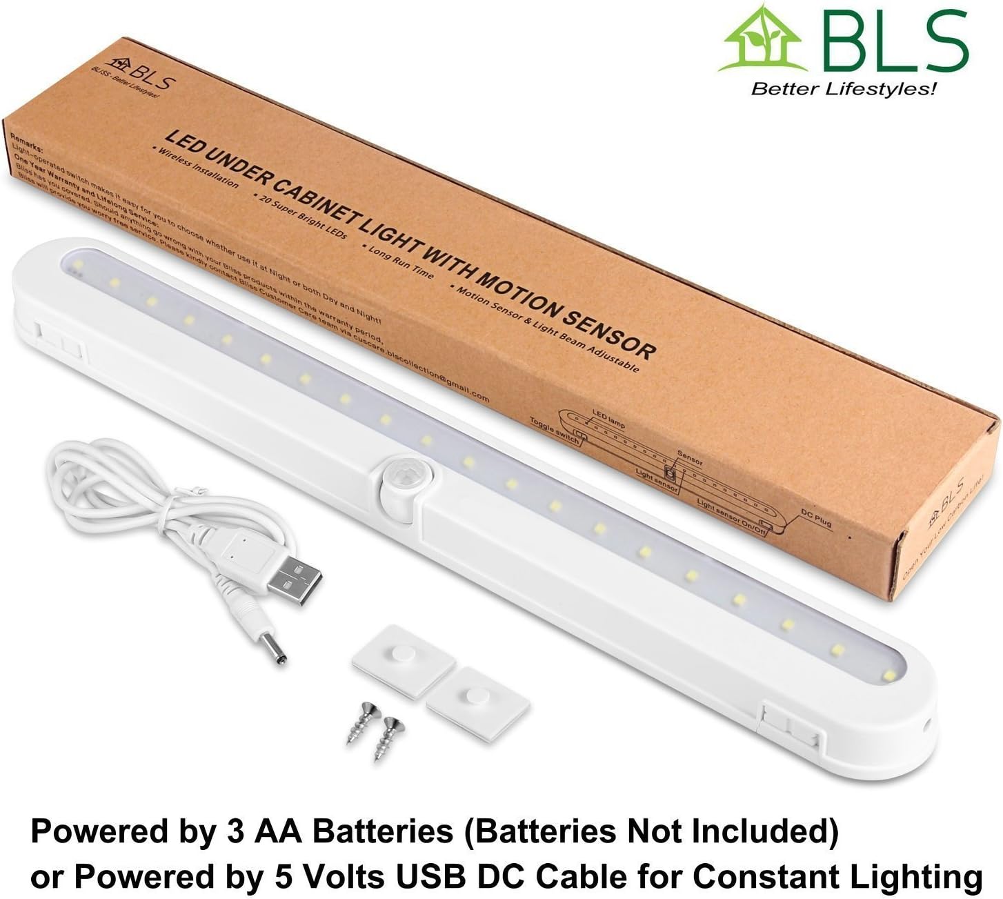 BLS T01L LED Closet Light, Super Bright 20 LED Under Cabinet Lighting Battery Powered/DC Input Wireless Motion Sensing Light, Auto On Off Switch, Motion Sensor & Light Sensor, Light Beam Adjustable - Image 7