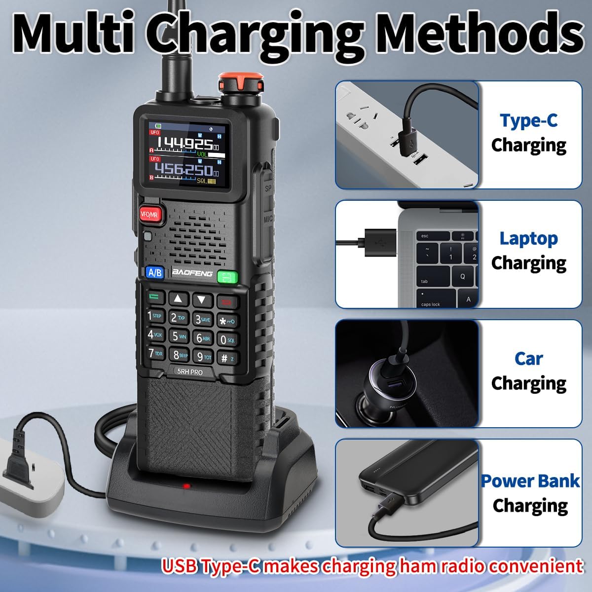 BAOFENG Ham Radio Handheld Long Range 5RH PRO GPS 10W Walkie Talkies NOAA Weather Receiver Two Way Radio Rechargeable 3800mAh Battery with USB-C Charger Tri Band Antenna for Hunting Gear,2 Pack - Image 8