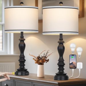 27.5" Farmhouse Table Lamp for Living Room, Black Lamps Set of 2 with USB A+C Ports, Mid Century Tall Table Lamp for Bedroom, Bedside Lamps for Night Stands(2 Bulbs Included)