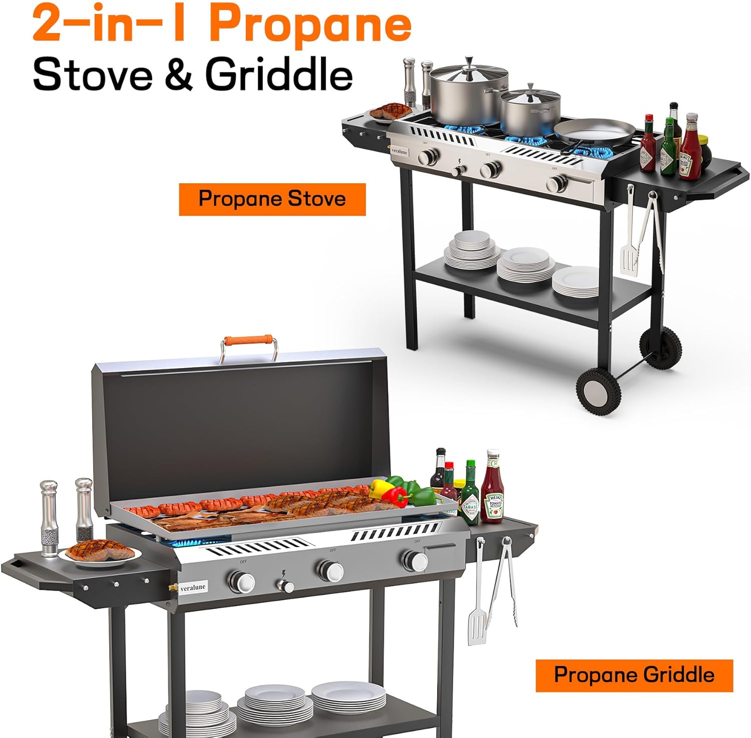 Veralune 3 Burner Propane Stove & Griddle with Ignition & Regulator, 225,000 BTU Powerful Portable Gas Griddle with Storage Shelf, Portable Wheels for Backyard Cooking BBQ Frying and Boiling - Image 3