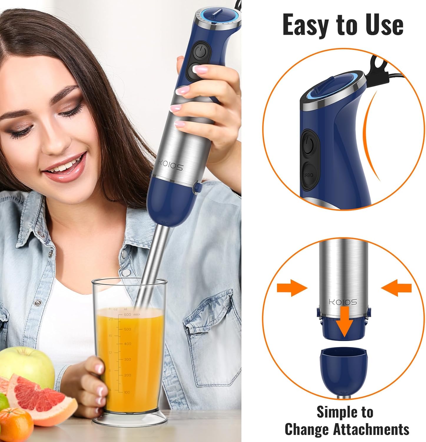 KOIOS 5-in-1 Hand Immersion Blender, 12 Speed Adjustable Emulsifier Handheld Blender, 1000W Copper Motor Stainless Steel Blade Hand Mixer with attachments, Blue - Image 6