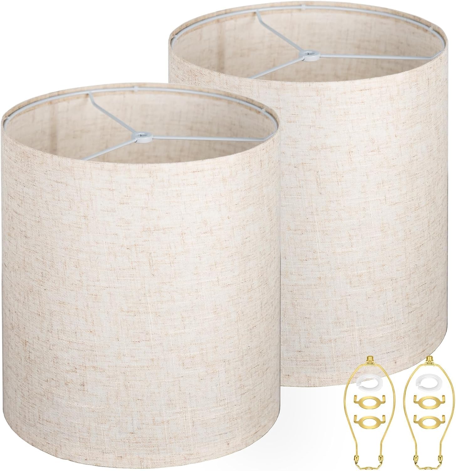 Brown Tall Drum Lamp Shades Set of 2, 11″Top X11″ Bottom X 12″High Lampshade For Table Lamps Floor Lamps, Replacement Premium Natural Linen Spider, Harp Holders Included, Easy Assembly