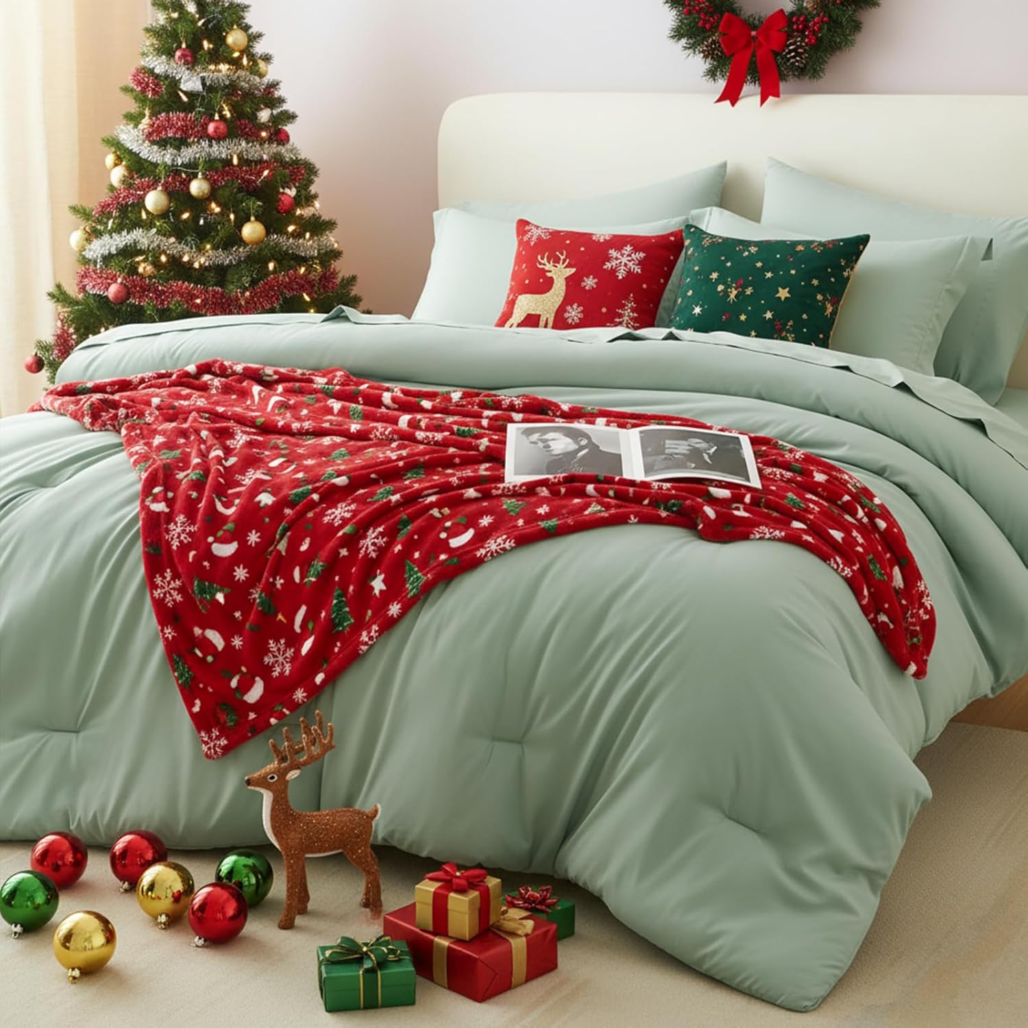 CozyLux Queen Comforter Set 7 Pieces Bed in a Bag Queen, Sage Green Bedding Comforter Set with Sheets All Season, 7PC Bed Sets with Comforter, Fitted Sheets, Flat Sheets, Pillow Shams and Pillowcases