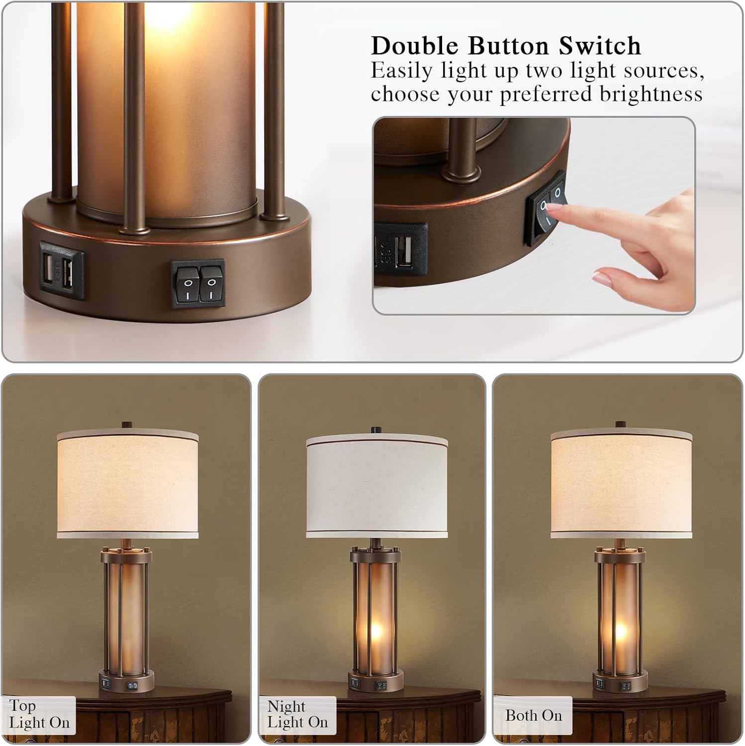 Set of 2 Farmhouse Table Lamps for Living Room with 2 USB Charging Ports, Vintage Rustic Nightstand Lamps with Amber Glass Nightlight, Retro Desk Lamps for Bedroom Entryway, 4 Bulbs Included (Brown) - Image 3