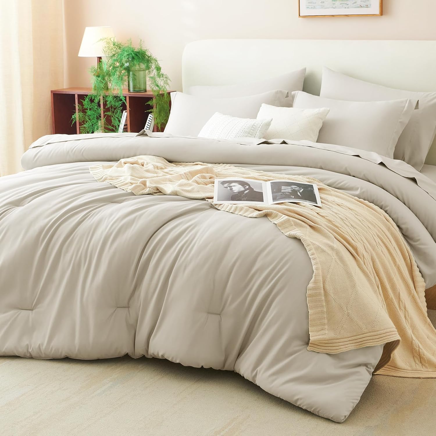 CozyLux Queen Comforter Set Beige, 7 Pieces Bed in a Bag Soft Bedding Comforter Set with Sheets, All Season Boho 7PC Bed Sets with Comforter, Fitted Sheets, Flat Sheets, Pillow Shams and Pillowcases