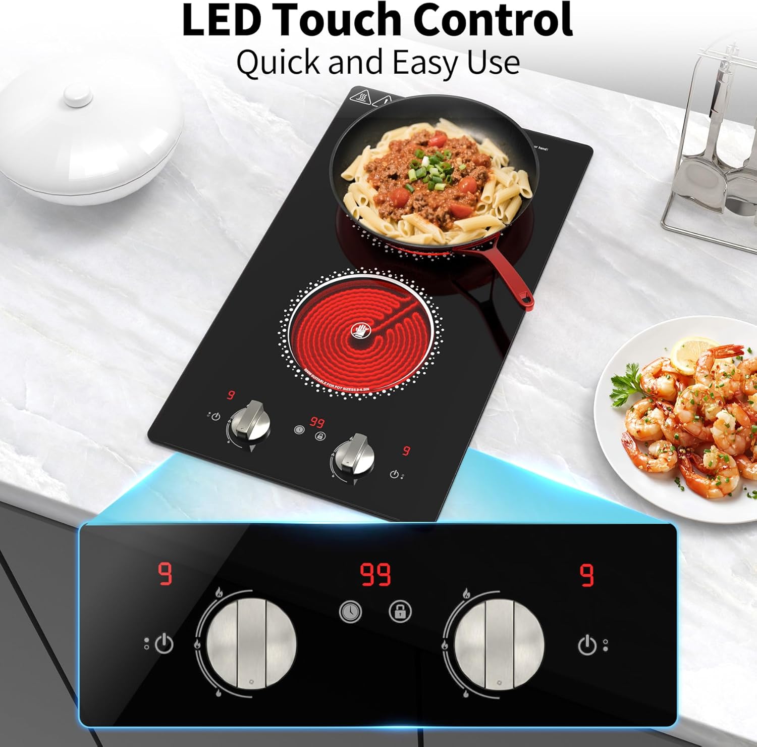 2 Burner Electric Cooktop - 12 Inch Electric Stove Top with Plug, 2100W Countertop Burners & Built-In Stove Top, 9 Levels of Power, Knob Control, Timer & Kid Safety Lock, Residual Heat Warning - Image 6