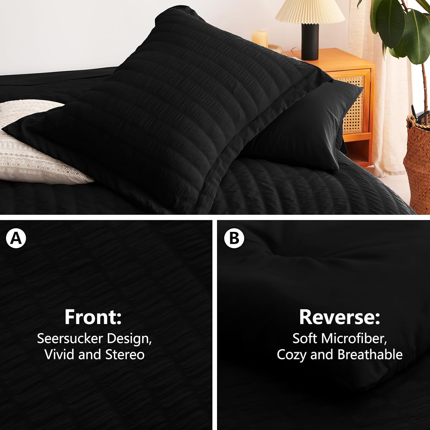 CozyLux Queen Comforter Set Black Seersucker 7 Pieces Bed in a Bag Queen Comforter Set with Sheets, Luxury Soft Bedding Set with Down Alternative Comforter, Sheets, Pillowcases & Shams for All Seasons - Image 4
